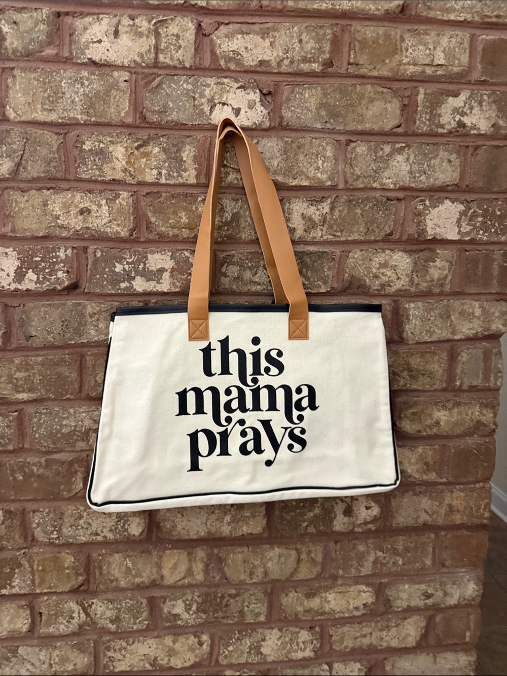 Canvas Tote Bag "This Mama Prays" in Cream with Tan Straps